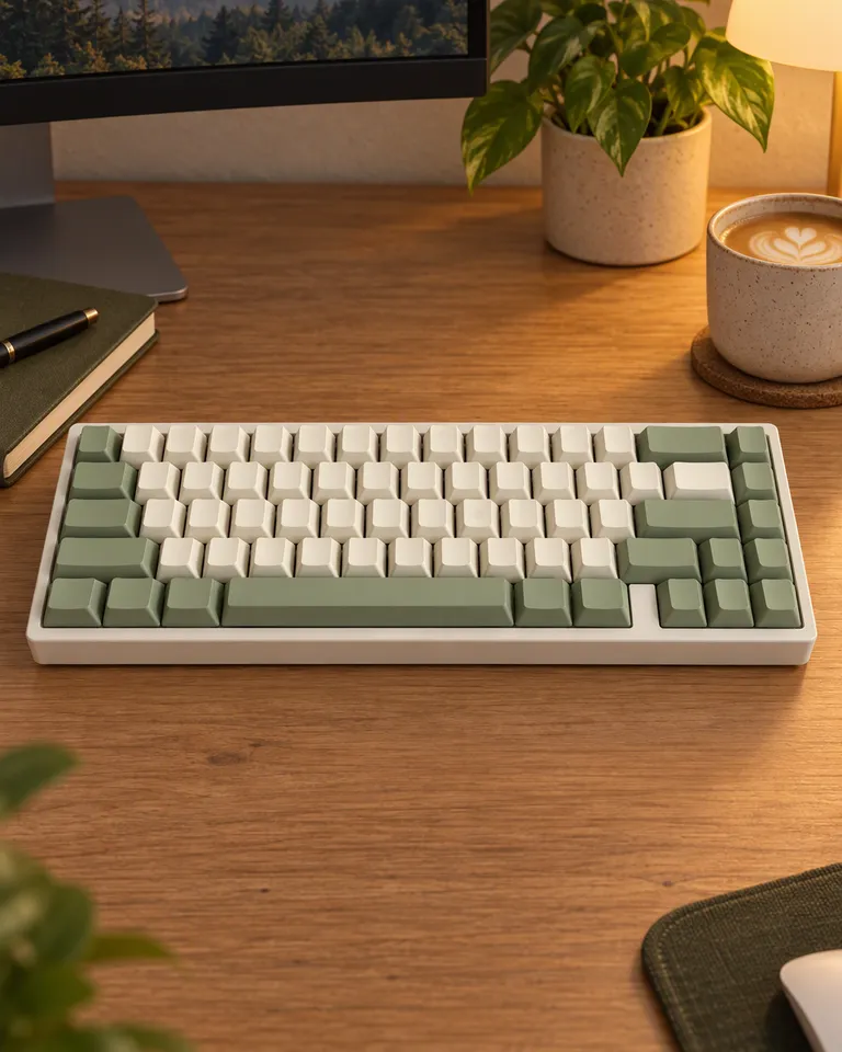 Teclado crema y verde salvia en un escritorio de madera ordenado con un monitor, una planta y un café