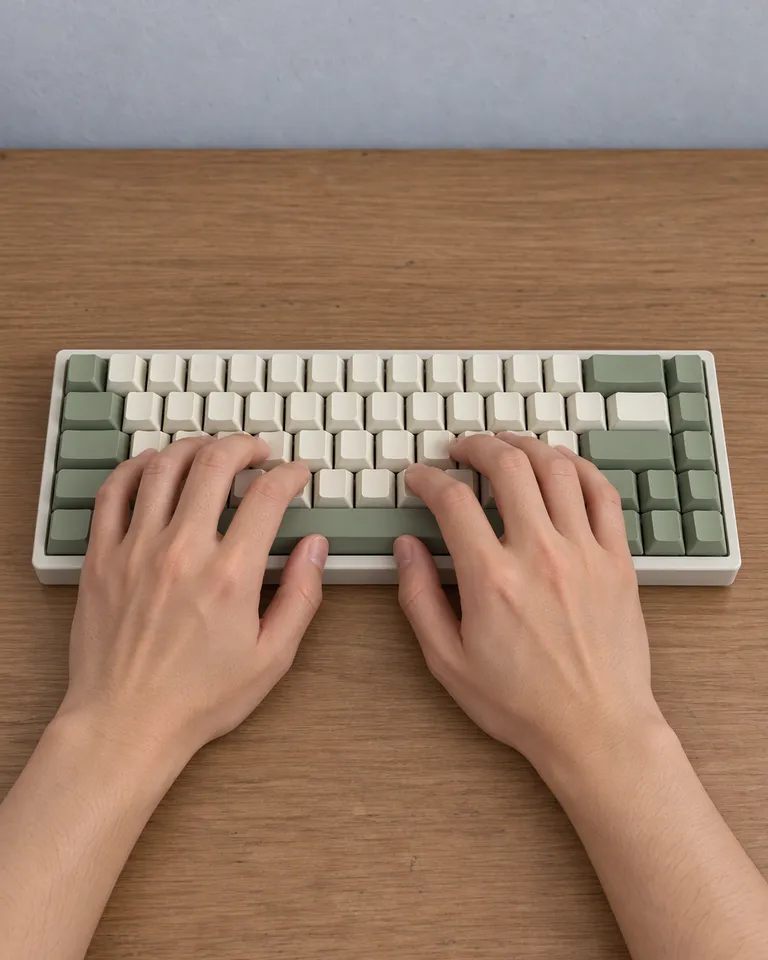 Manos escribiendo en el teclado crema y verde salvia, vistas desde arriba