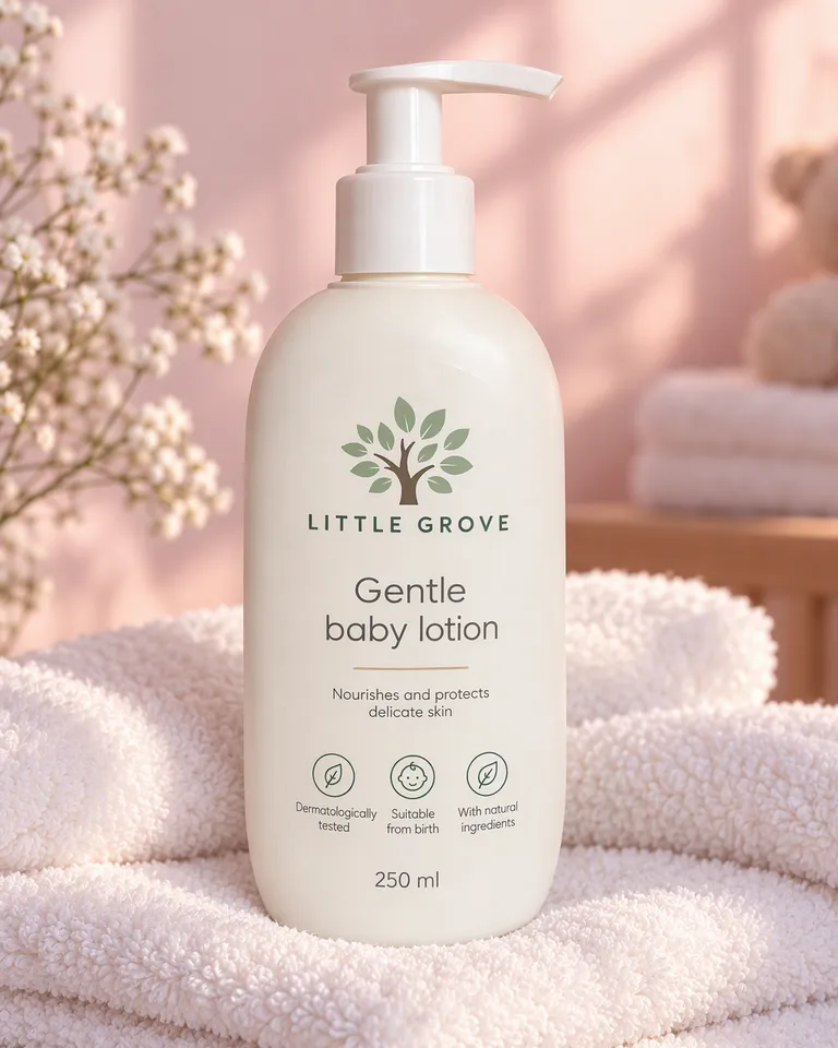 Loción para bebé Little Grove sobre toallas blancas suaves con una luz rosa pastel