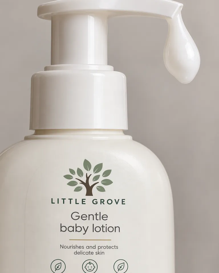 Macro de una porción de loción ligera para bebé en el dosificador de Little Grove