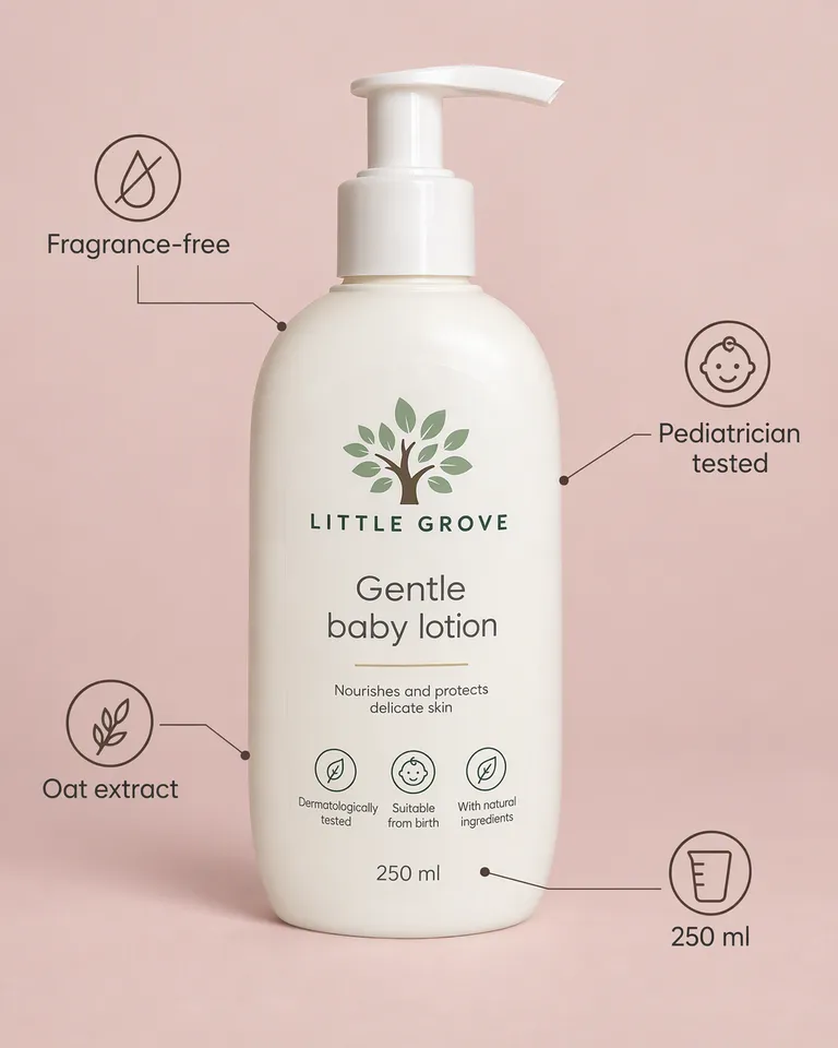 Imagen con anotaciones del bote Little Grove con etiquetas de sin perfume, probado por pediatras, extracto de avena y 250 ml