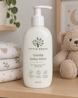 Loción para bebé Little Grove en un estante del cuarto del bebé junto a muselinas y un peluche
