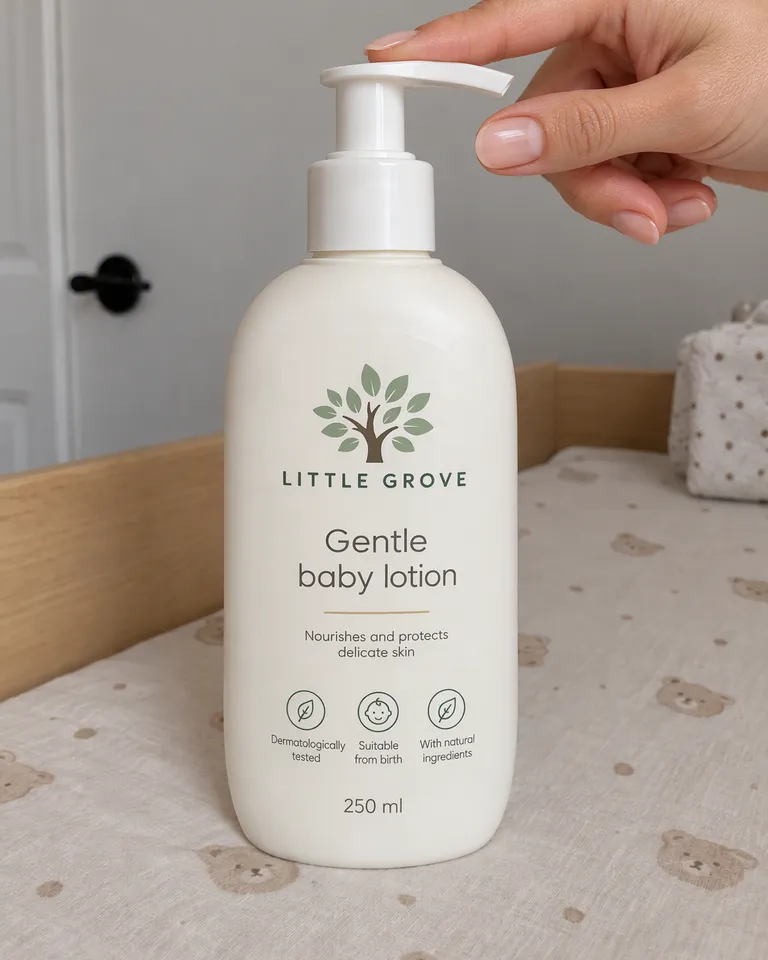 Mano de un adulto presionando el dosificador del bote de loción Little Grove
