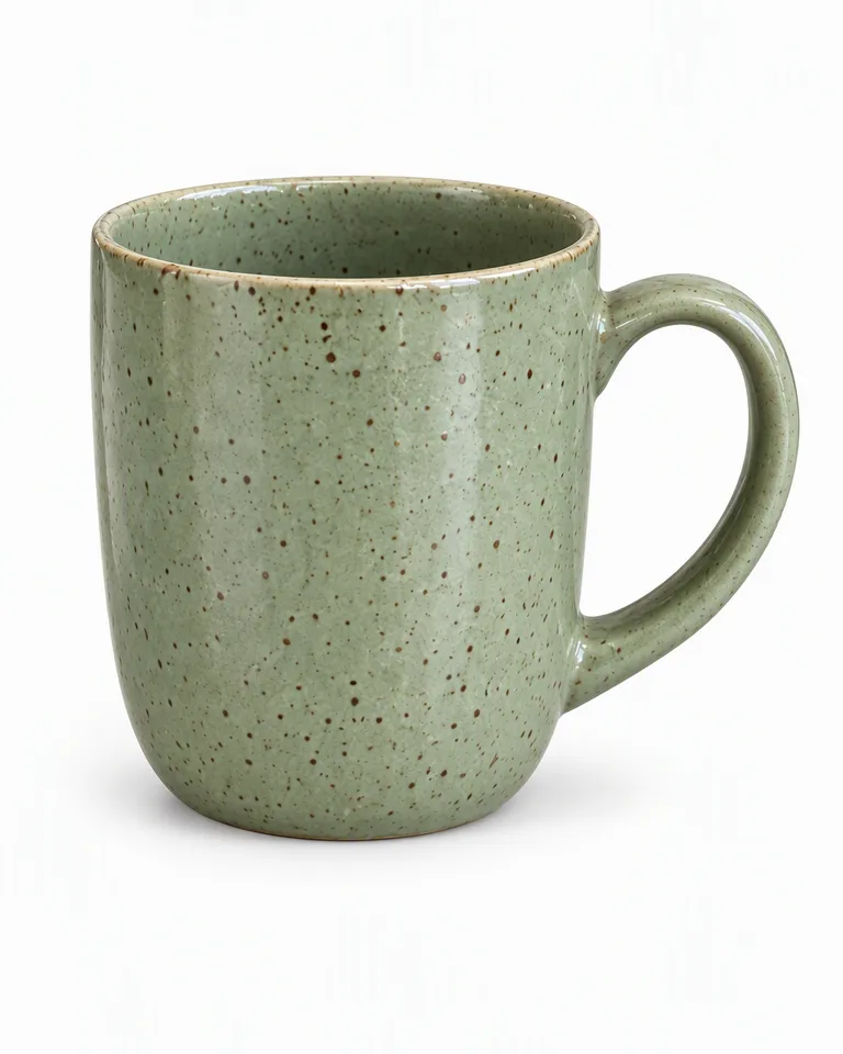 Taza de cerámica moteada verde salvia sobre fondo blanco