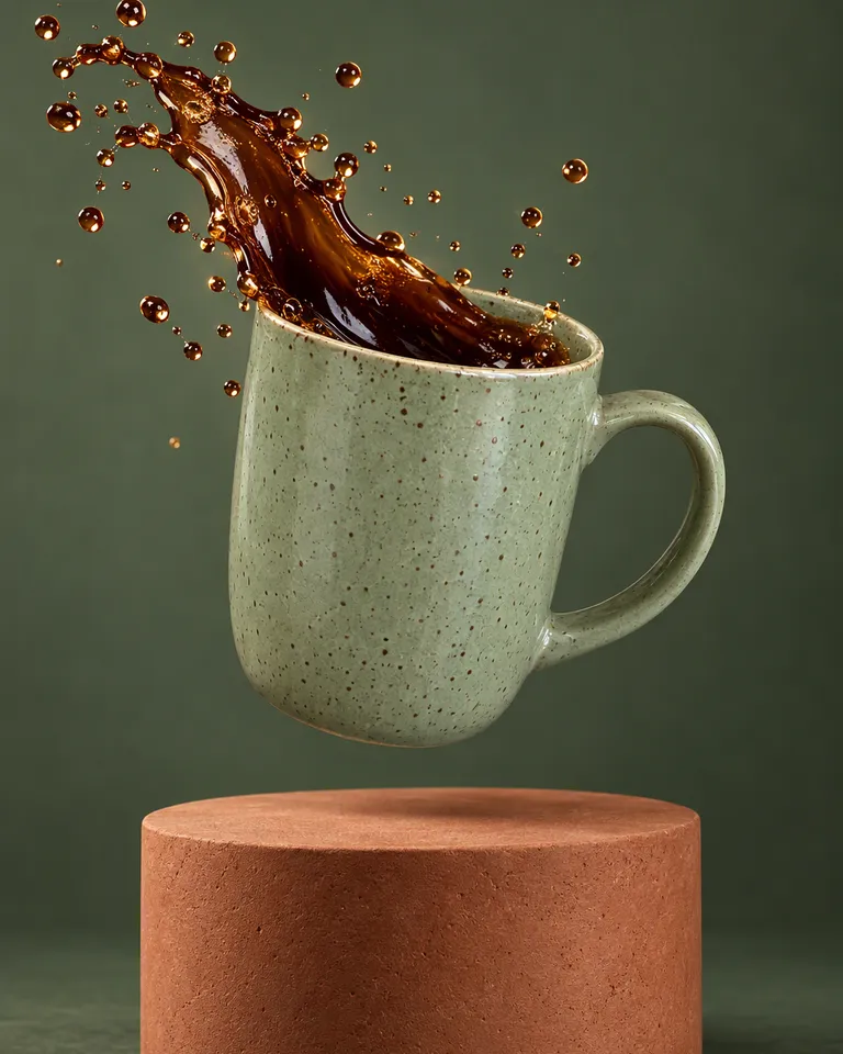 Taza verde salvia flotando sobre un pedestal de terracota con el café saltando en un arco congelado