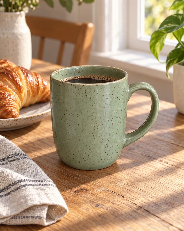 Taza de cerámica verde salvia con café en una mesa de desayuno soleada con un cruasán