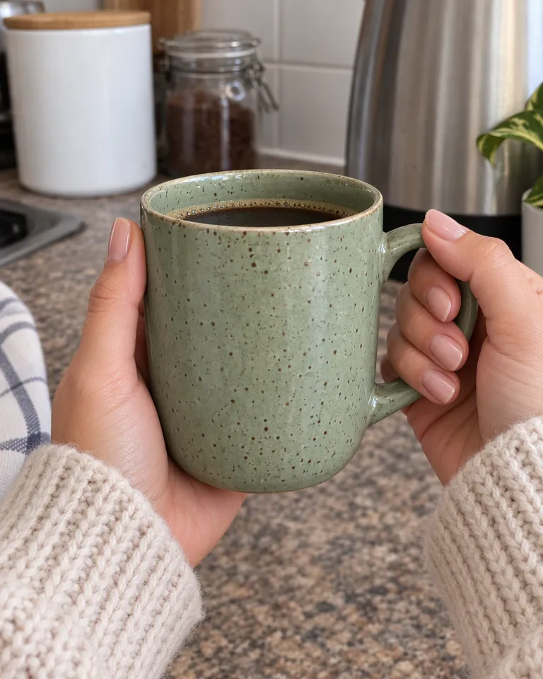 Manos sosteniendo la taza de cerámica verde salvia con café para mostrar su tamaño