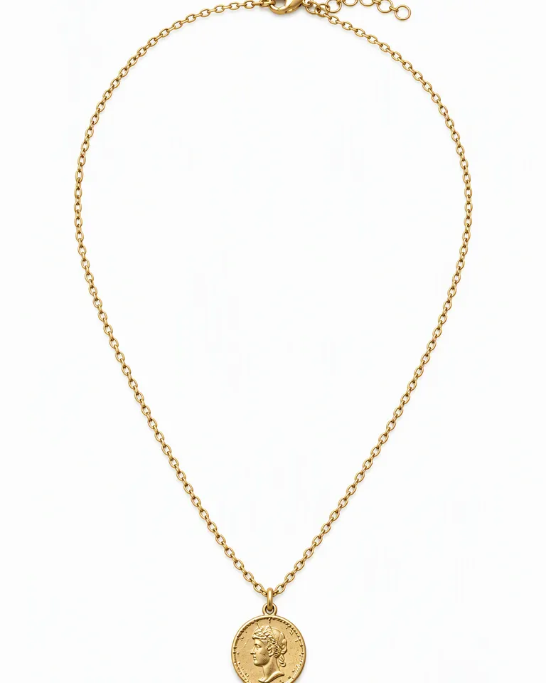 Collar de cadena dorada con un pequeño colgante de moneda sobre fondo blanco