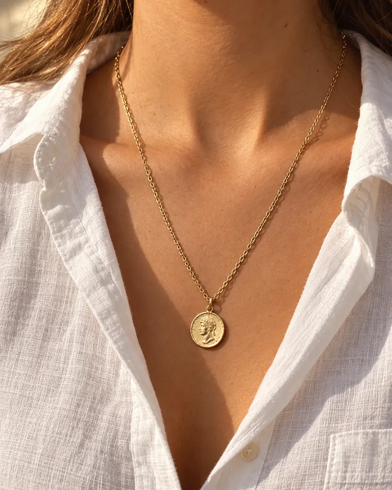 Mujer con el collar de moneda dorado y una camisa blanca de lino bajo una cálida luz de sol