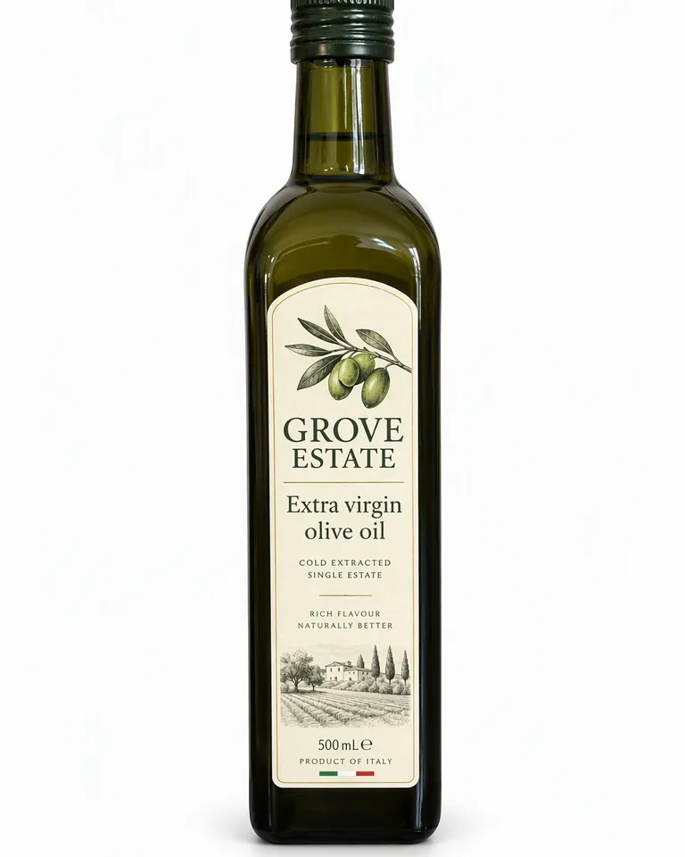 Aceite de oliva virgen extra Grove Estate en una botella verde oscuro sobre fondo blanco