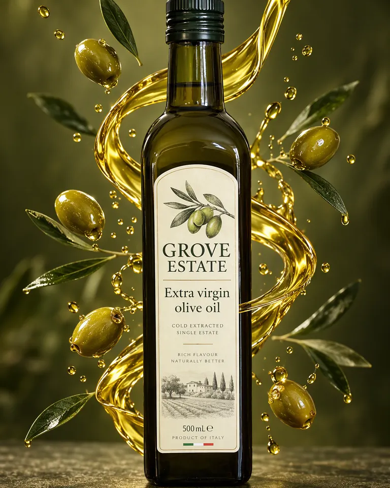 Aceite de oliva Grove Estate cayendo en una cinta dorada con aceitunas y hojas en el aire