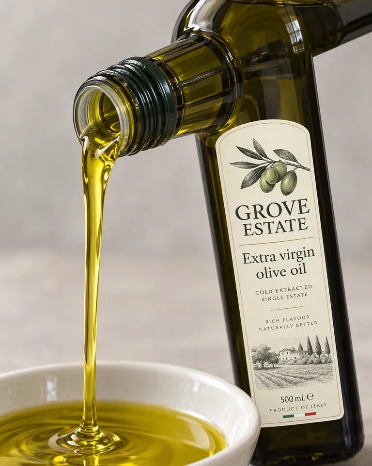 Macro del aceite de oliva Grove Estate cayendo en un pequeño plato blanco