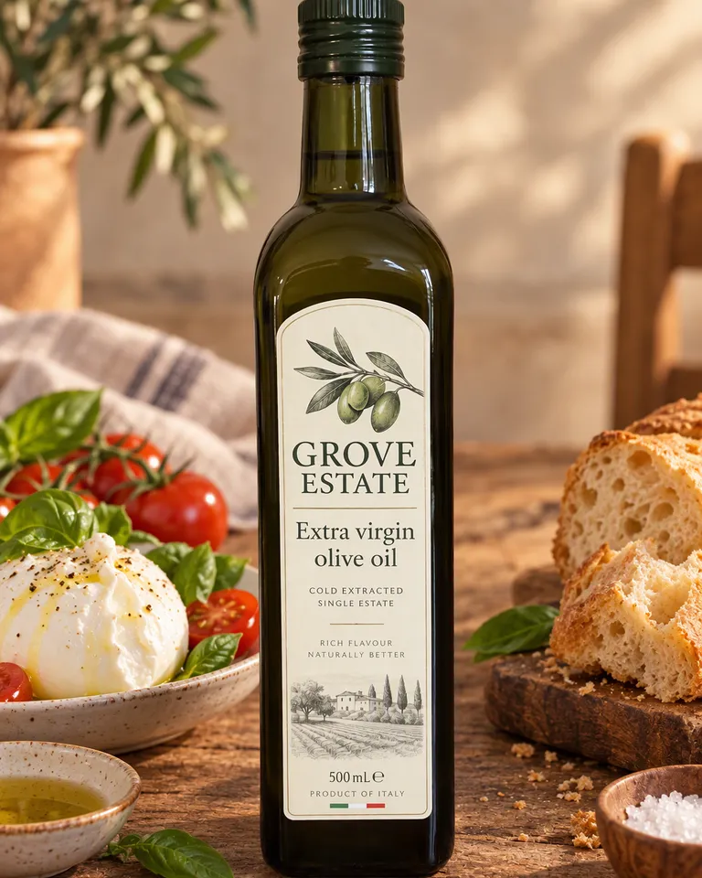 Aceite de oliva Grove Estate en una mesa rústica con burrata, tomates, albahaca y pan