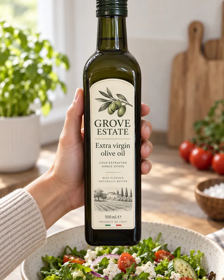 Mano sosteniendo la botella de Grove Estate sobre una ensaladera
