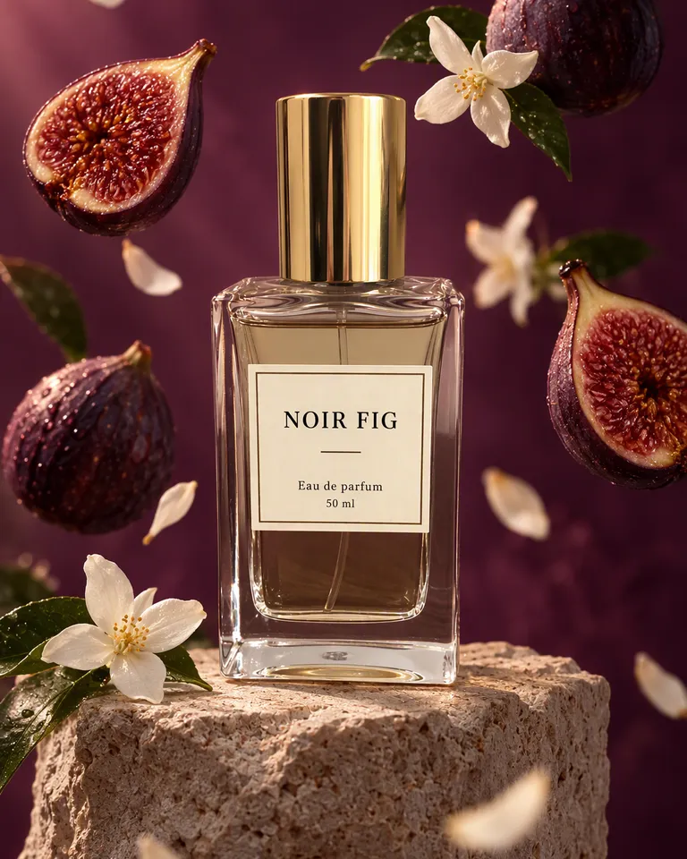 Perfume Noir Fig sobre un pedestal de piedra entre higos y jazmines flotando