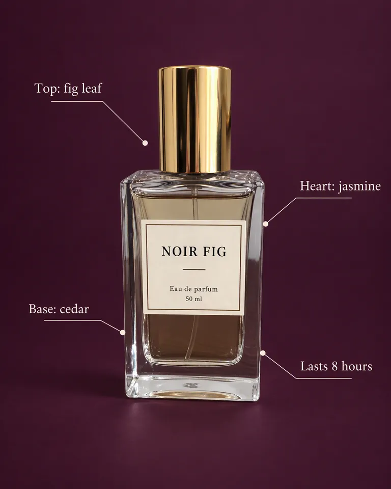Imagen con anotaciones del frasco Noir Fig con notas de salida, de corazón y de fondo y una duración de 8 horas
