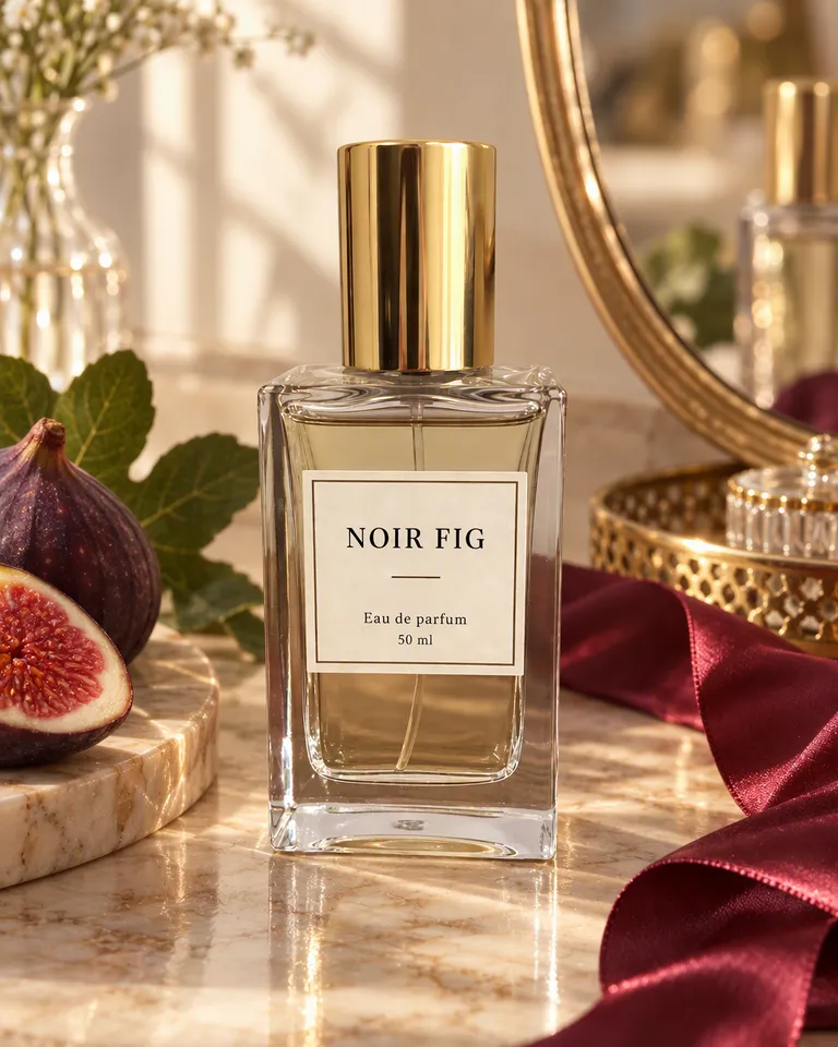 Perfume Noir Fig en un tocador iluminado por el sol con higos, una cinta de seda y un espejo