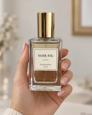 Mano de una mujer sosteniendo el frasco de perfume Noir Fig