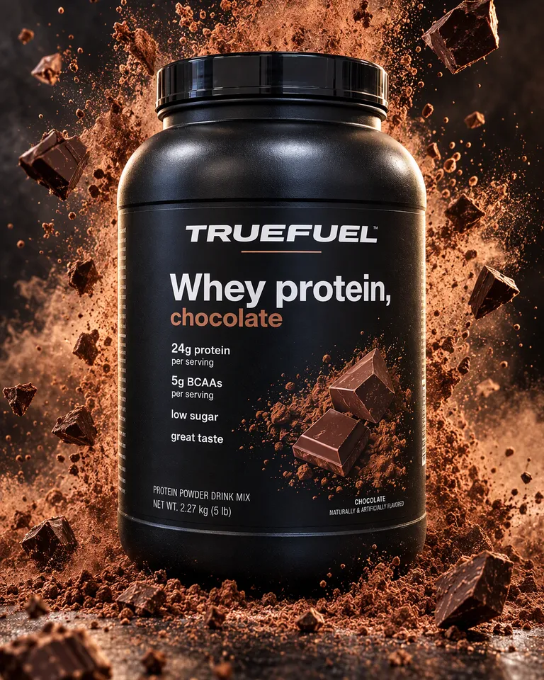 Bote de proteína Truefuel con polvo de chocolate estallando hacia arriba en una nube
