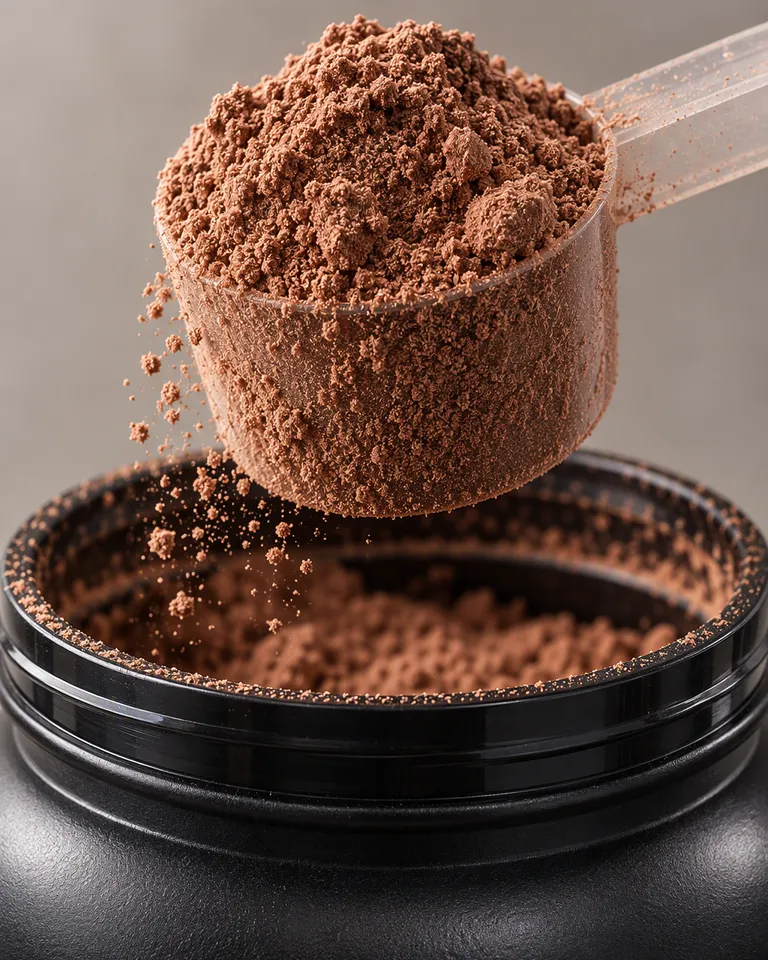 Macro de un cacito de proteína en polvo de chocolate sobre el bote abierto de Truefuel