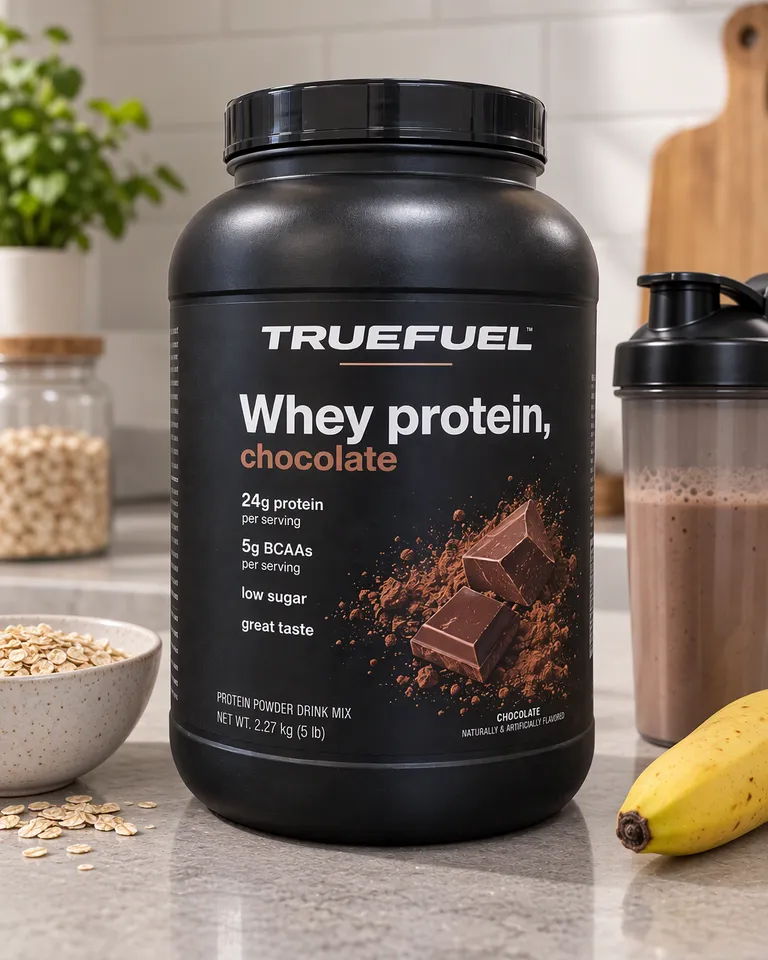 Bote de proteína Truefuel en una encimera de cocina con un shaker, un plátano y copos de avena