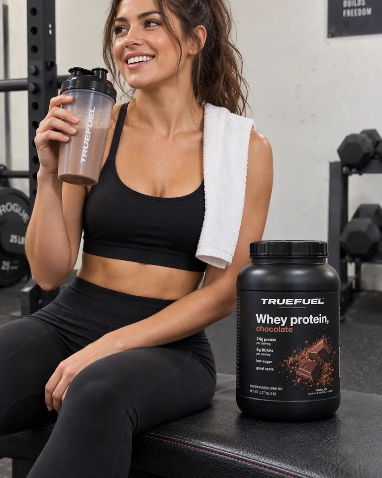 Mujer en un gimnasio sosteniendo un shaker con el bote de Truefuel en el banco a su lado