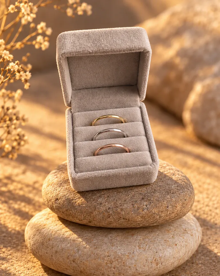 Tres anillos apilables en equilibrio sobre guijarros lisos con la luz de la hora dorada