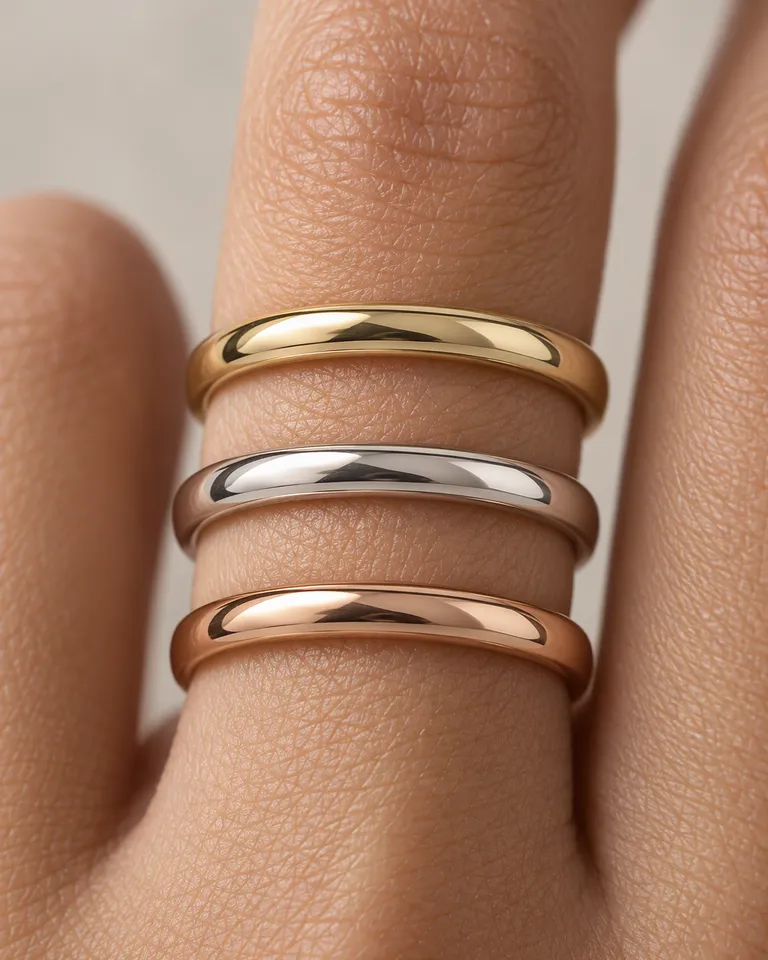 Macro de los tres anillos apilados en un dedo que muestra el pulido y el ancho de cada aro