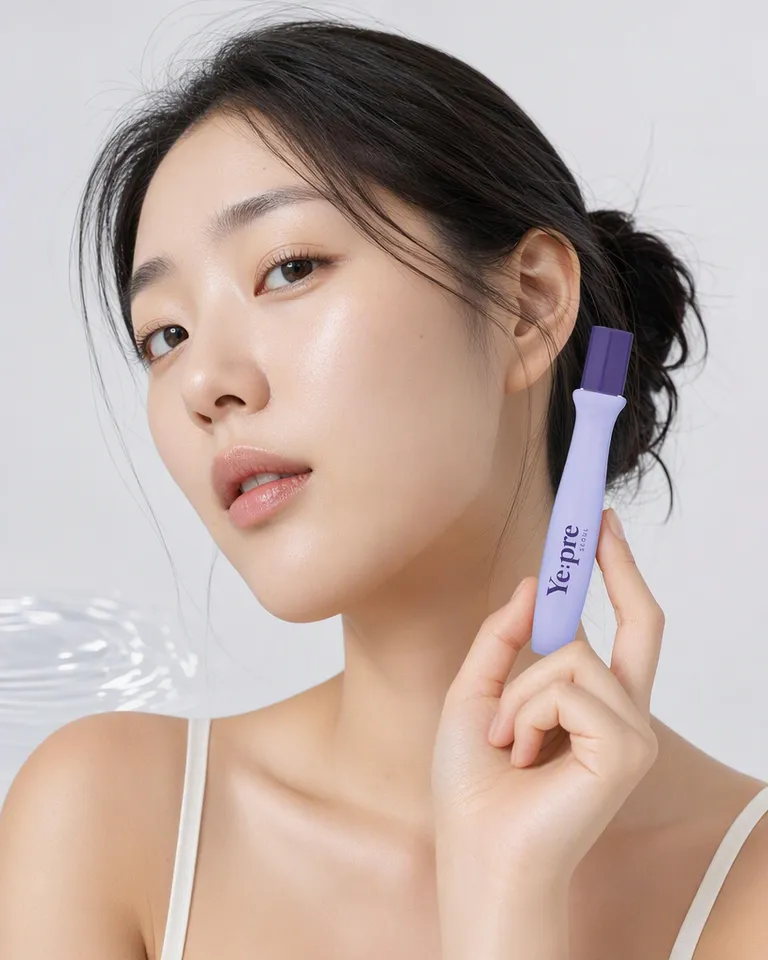 Mujer aplicándose el roll-on de ojos lila bajo el ojo con luz suave