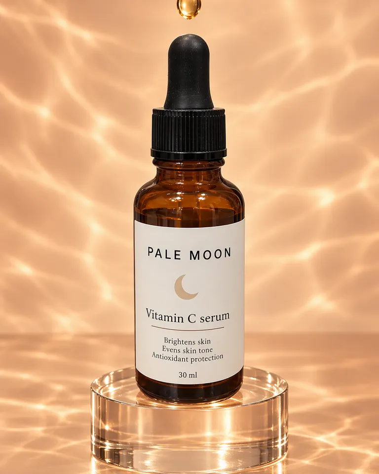 Sérum Pale Moon sobre un pedestal de cristal con una gota dorada congelada encima