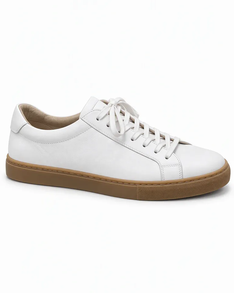 Zapatilla de piel blanca con suela de goma color miel de perfil sobre fondo blanco