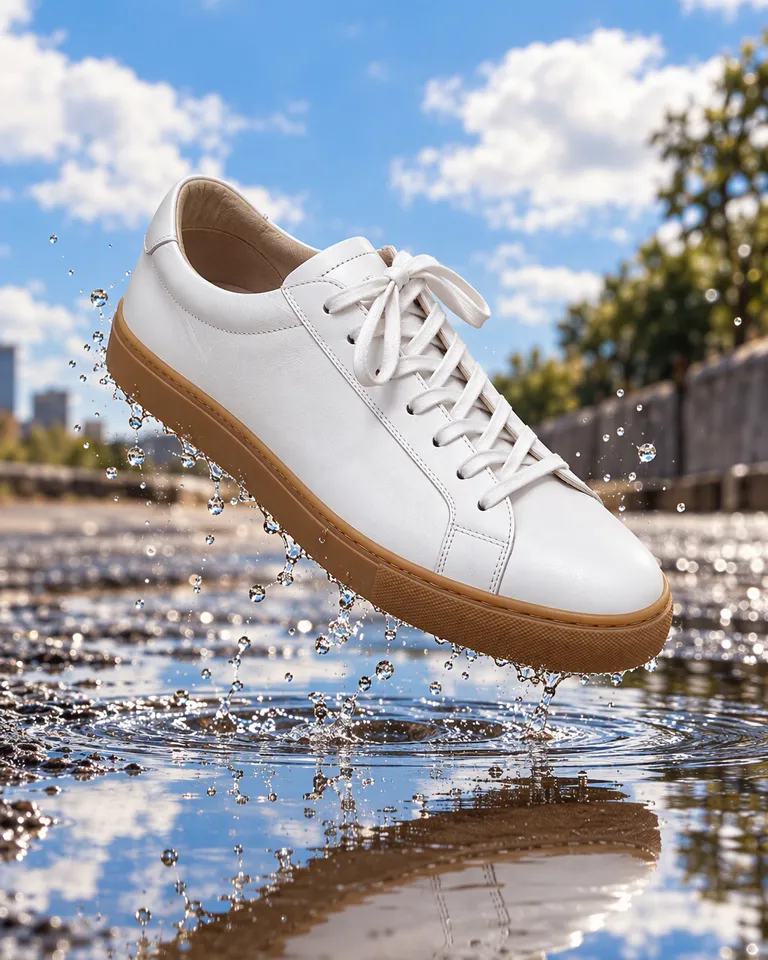 Zapatilla blanca suspendida sobre un charco que refleja un cielo azul, con gotas congeladas a su alrededor