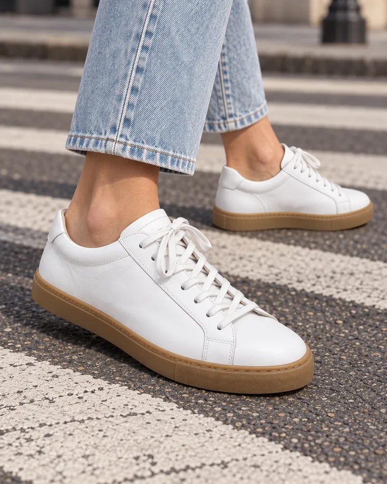 Pies con zapatillas de piel blancas y vaqueros tobilleros en un paso de peatones