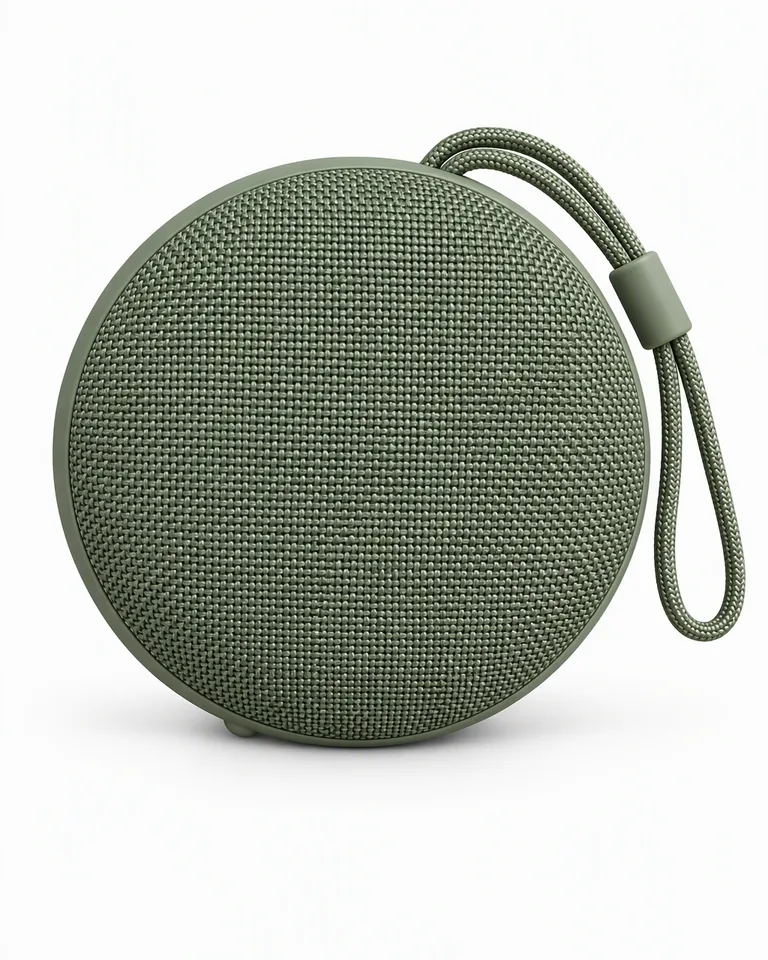 Altavoz portátil redondo de tela verde salvia con correa sobre fondo blanco