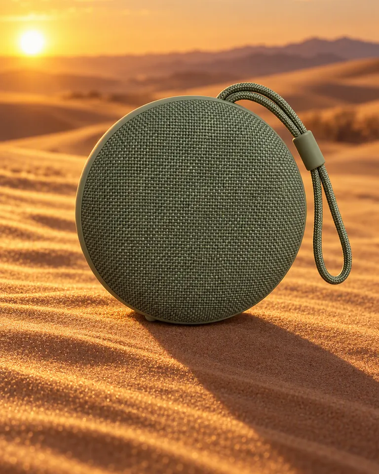 Altavoz portátil verde salvia sobre una duna de arena ondulada en la hora dorada