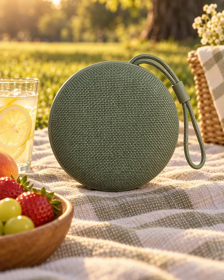 Altavoz portátil verde salvia sobre una manta de picnic en un parque con fruta y limonada