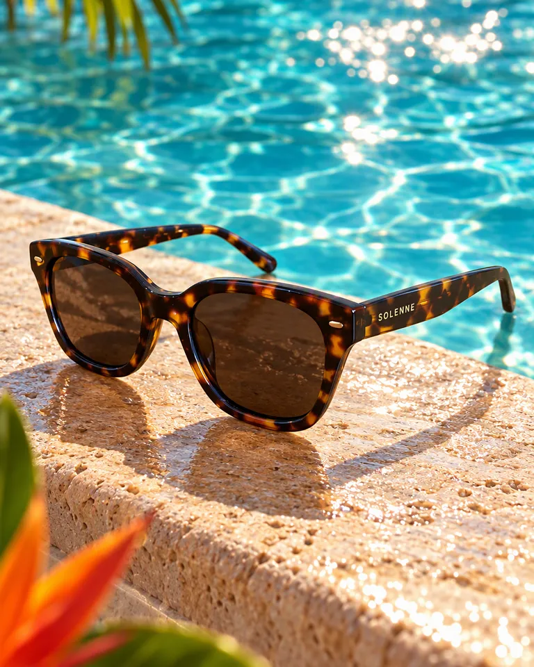Gafas de sol de carey en el borde de una piscina turquesa reluciente