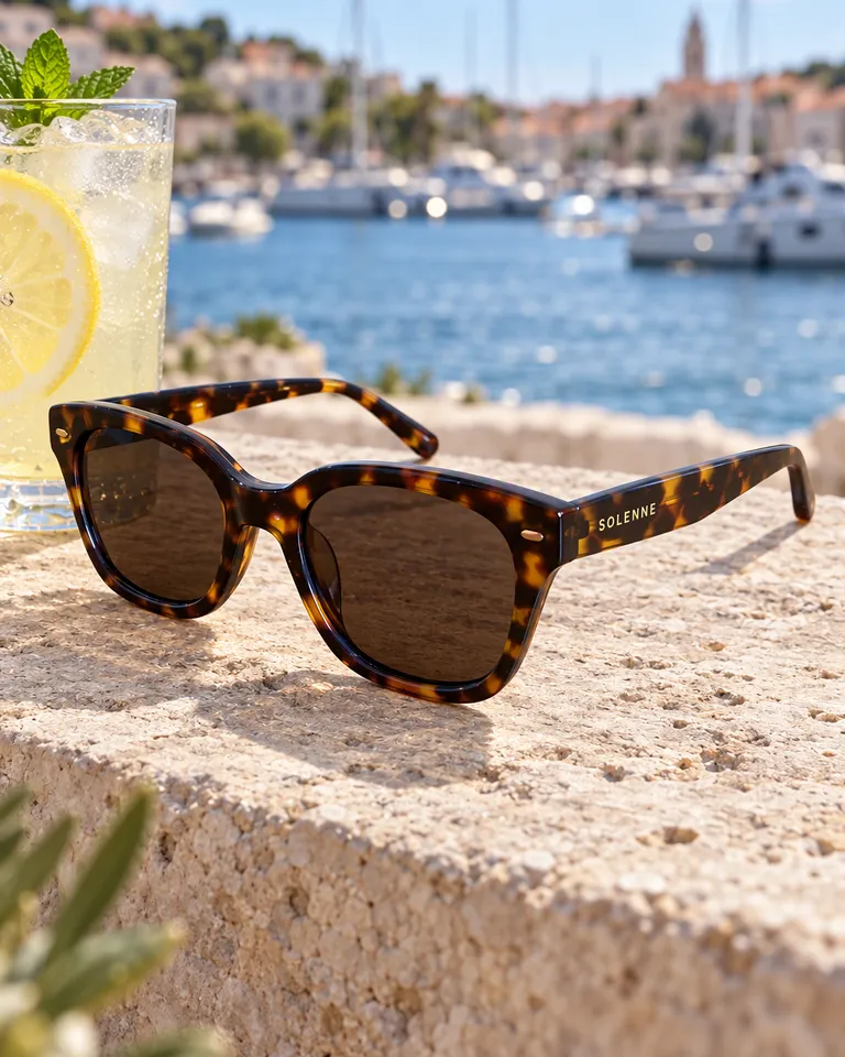 Gafas de sol de carey sobre un saliente de piedra junto a una limonada con un puerto al fondo