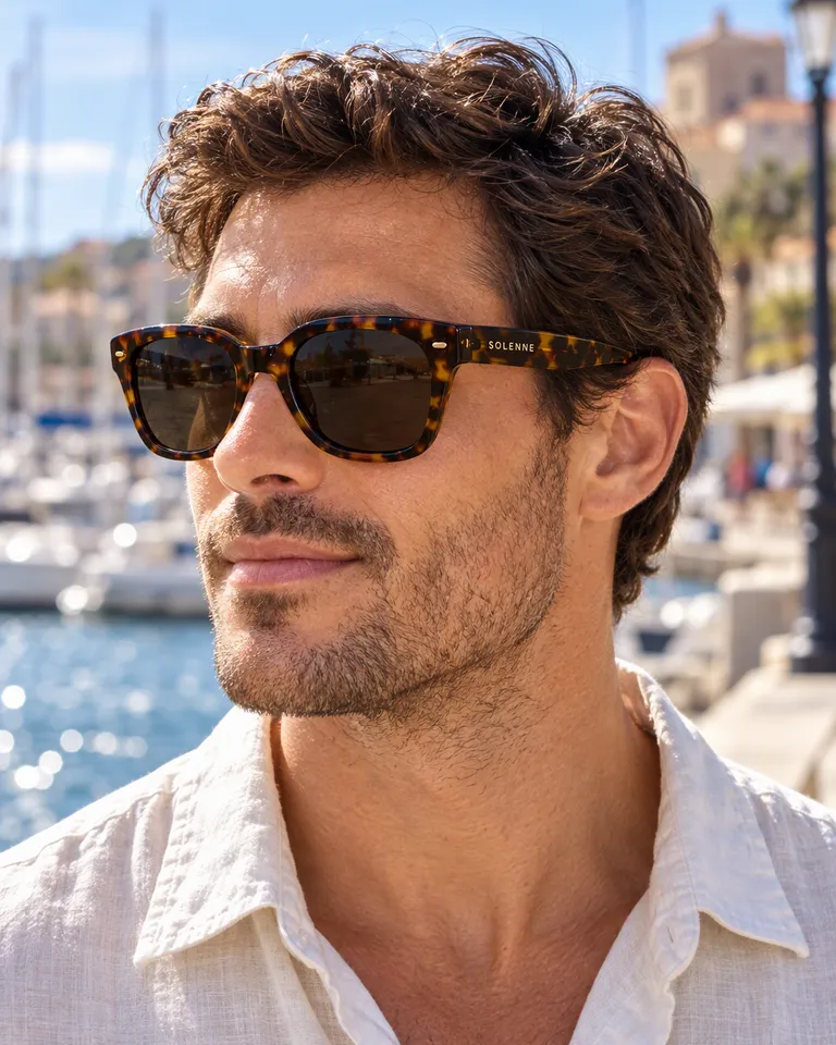 Hombre con las gafas de sol de carey en un paseo portuario soleado