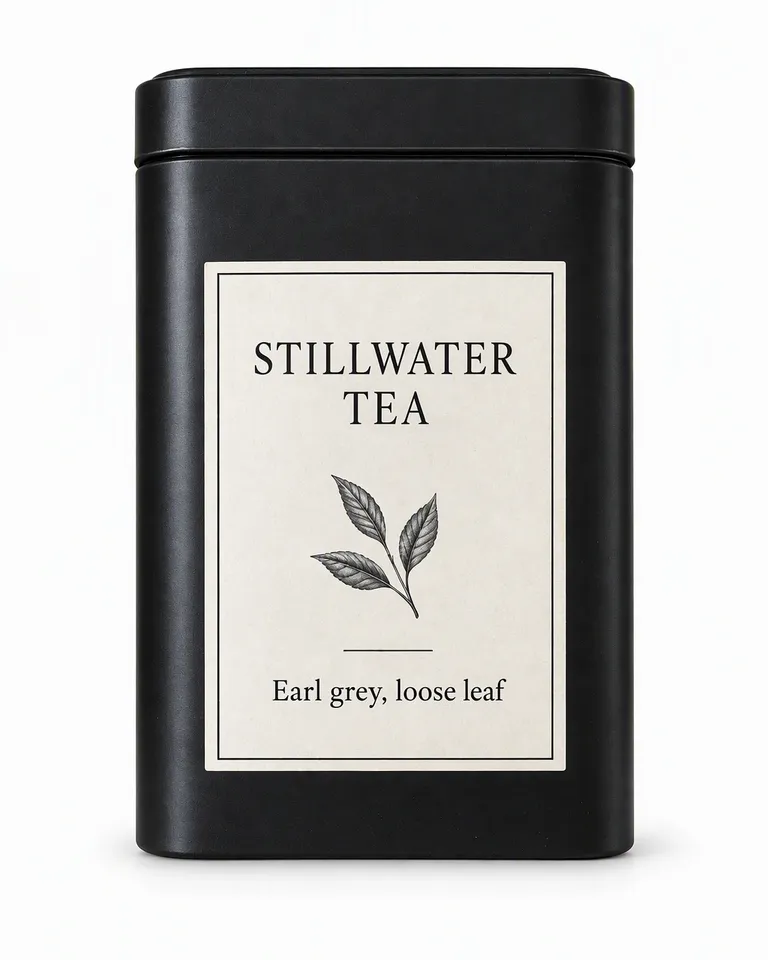 Té earl grey a granel Stillwater en una lata negra mate sobre fondo blanco