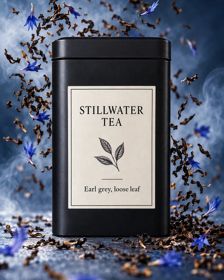 Lata de té Stillwater con hojas y pétalos de aciano girando sobre ella