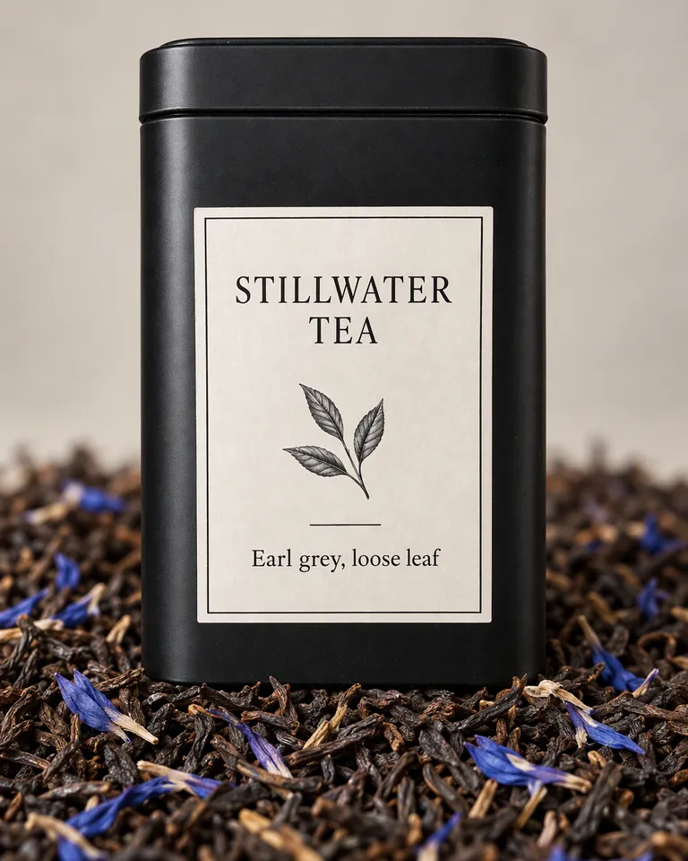 Macro de hojas de earl grey y pétalos azules de aciano dentro de la lata Stillwater