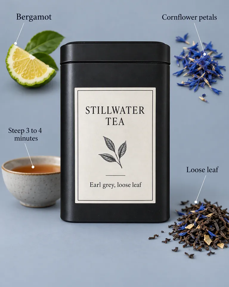 Imagen con anotaciones de la lata Stillwater con etiquetas de bergamota, pétalos de aciano, hoja suelta y tiempo de infusión