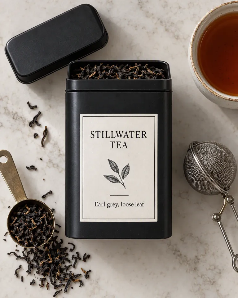 Lata Stillwater abierta con una cucharada de té a granel, un colador y una taza, vista desde arriba
