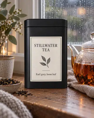 Lata de té Stillwater junto a una tetera de cristal en el alféizar de una ventana un día de lluvia