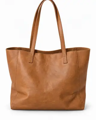 Bolso tote de piel color camel sobre fondo blanco