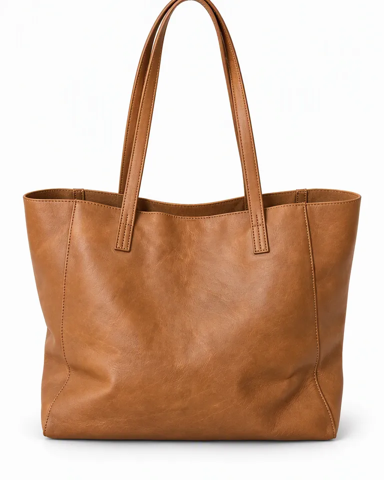 Bolso tote de piel color camel sobre fondo blanco