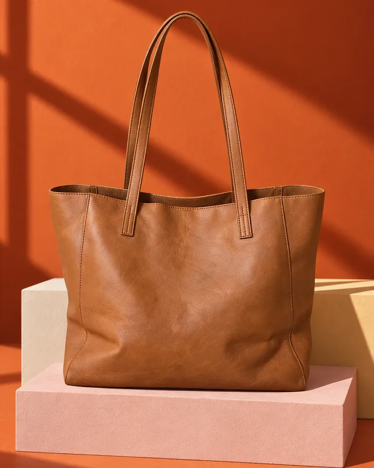 Bolso tote de piel color camel sobre bloques apilados en tonos pastel con largas sombras duras sobre un fondo naranja tostado