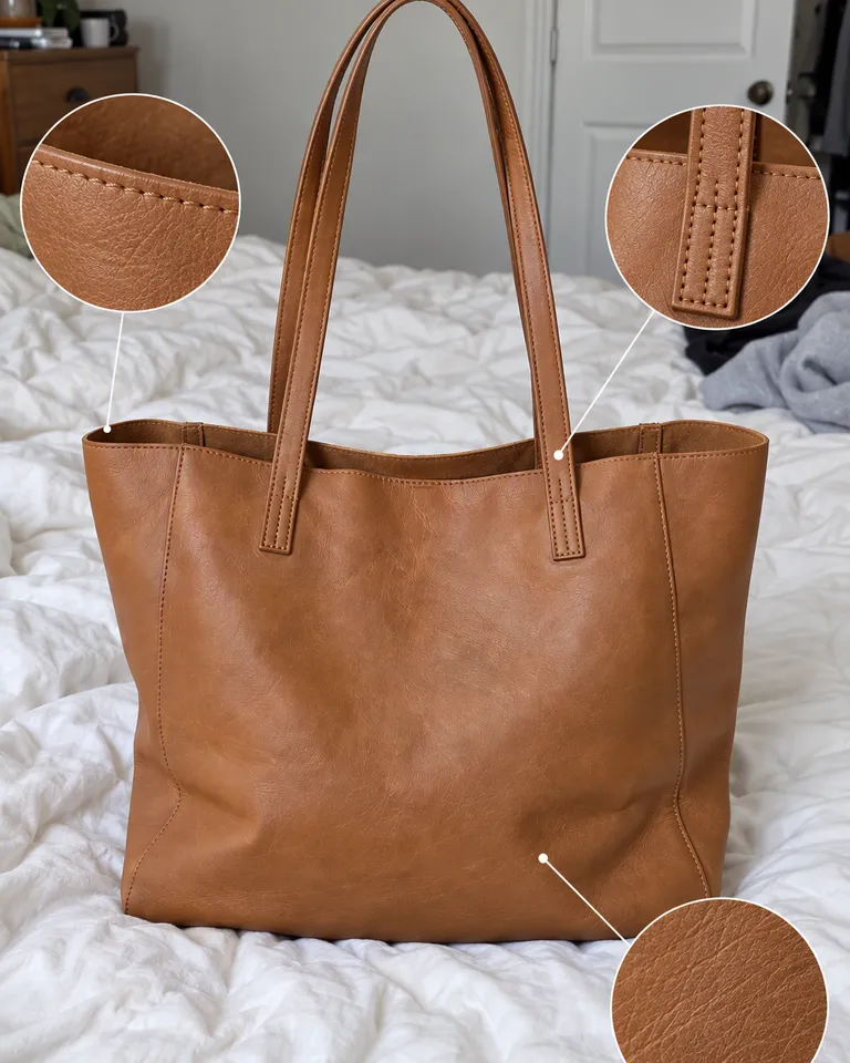 Primer plano de las costuras del borde y la unión del asa del tote color camel