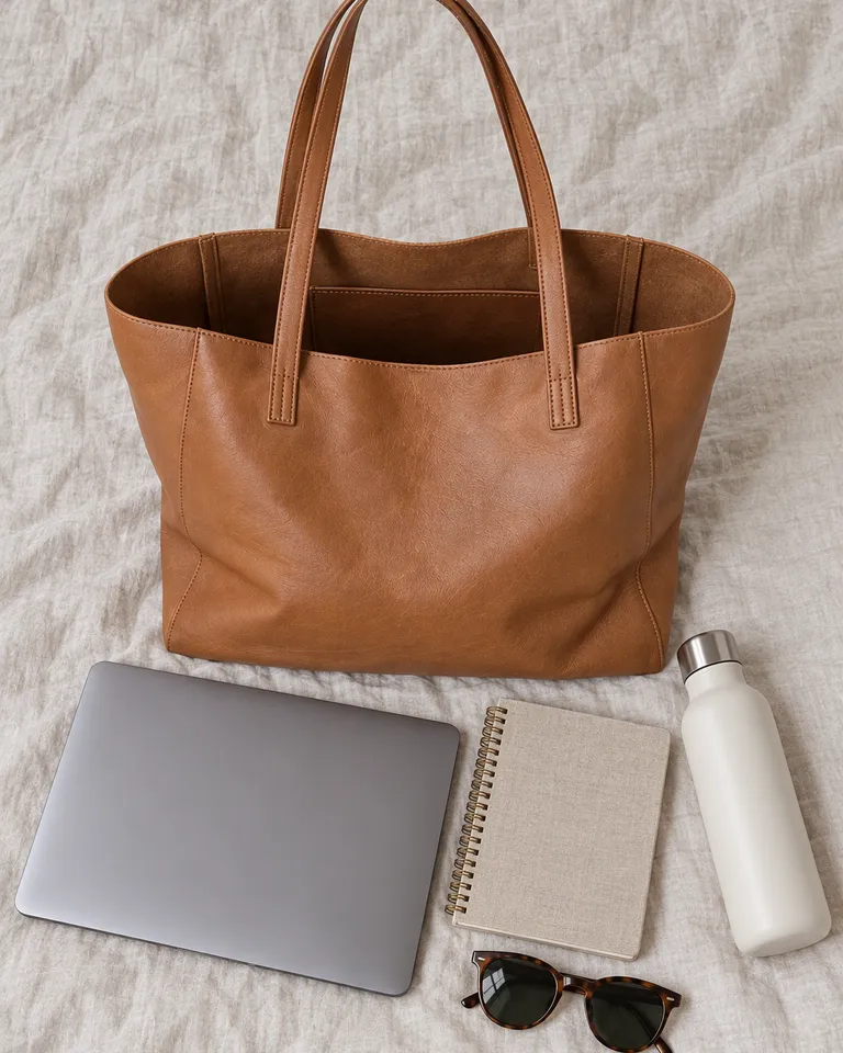 Tote color camel abierto visto desde arriba con un portátil, una libreta, una botella y unas gafas de sol al lado